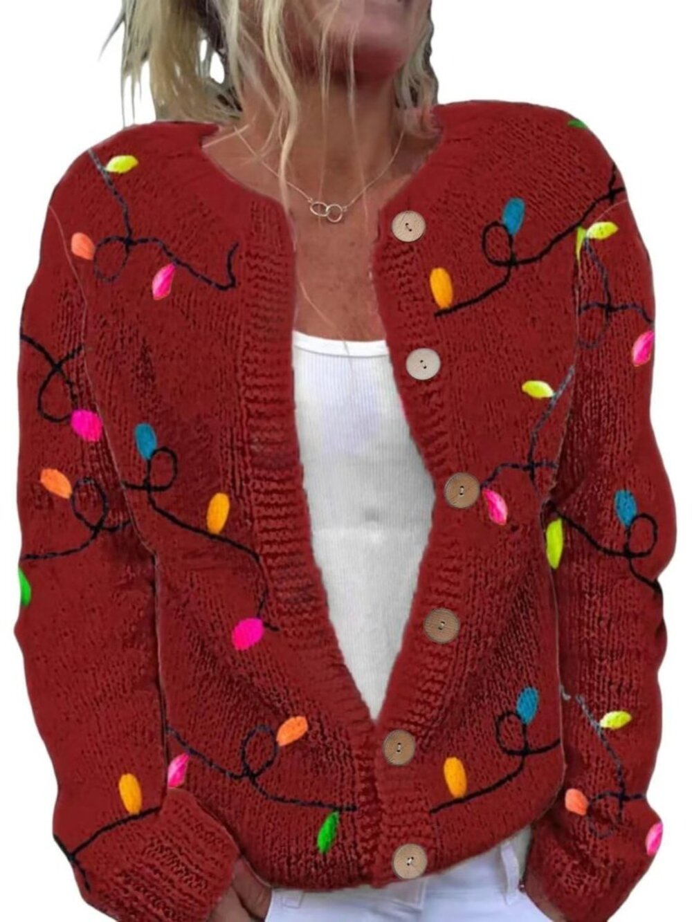 Women’s Red Christmas Lights Ugly Holiday Knit Button Cardigan Sweater